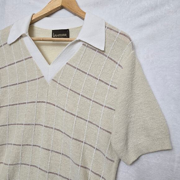 Lahmar Vintage 60s 70s Prep Countryclub Grandpa Plaid Knit Golf Polo Sweater M - Picture 3 of 10